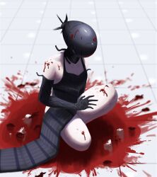 Rule 34 | 1girl, black dress, blood, blood on arm, blood on face, blood on ground, blood on leg, bomb devil (chainsaw man), breasts, chainsaw man, dress, elbow gloves, facing to the side, gloves, highres, reze (chainsaw man), small breasts, solo, squatting, tile floor, tiles, yuuwaku06