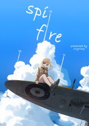 Rule 34 | absurdres, aircraft, airplane, bare legs, blonde hair, blue necktie, cloud, cloudy sky, comic, english text, girls&#039; frontline, green eyes, highres, necktie, original, sky, spitfire (girls&#039; frontline), supermarine spitfire, united kingdom, uryring, world war ii