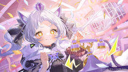 Rule 34 | + +, 1girl, animal ear fluff, animal ears, black capelet, black ribbon, blush, capelet, cat ears, closed mouth, confetti, corded phone, crown, floating hair, fur-trimmed capelet, fur trim, grey hair, hair ribbon, hands up, highres, hololive, indoors, long hair, long sleeves, mini crown, murasaki shion, murasaki shion (gothic lolita), official art, phone, ribbon, rin31153336, sidelocks, solo, twintails, virtual youtuber, yellow eyes