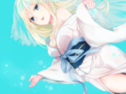 Rule 34 | 10s, 1girl, bare shoulders, blonde hair, blue eyes, breasts, cleavage, frills, inu x boku ss, japanese clothes, kimono, kmikan, off shoulder, open mouth, smile, solo, veil, yukinokouji nobara