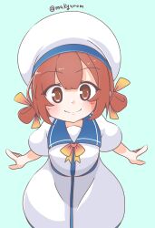 Rule 34 | 1girl, absurdres, aqua background, blue sailor collar, bow, brown eyes, brown hair, dress, hair rings, hat, highres, kaiboukan no. 4 (kancolle), kantai collection, long hair, looking at viewer, low twintails, makyurom, one-hour drawing challenge, sailor collar, sailor dress, sailor hat, smile, solo, twintails, twitter username, white dress, white hat, yellow bow