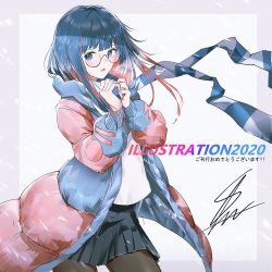 Rule 34 | 1girl, 2020, black skirt, blue eyes, blue hair, coat, colored inner hair, cowboy shot, glasses, hands up, illustration.media, long hair, long sleeves, multicolored hair, original, parted lips, pink hair, pleated skirt, puffer coat, round eyewear, scarf, shirt, skirt, smile, snow, solo, swav, two-tone hair, white shirt, winter clothes