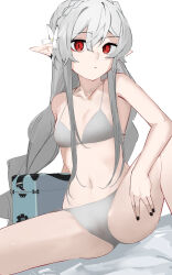 Rule 34 | 1girl, alternate costume, ao oni (onioni-aoi), arknights, bikini, black bikini, braid, breasts, closed mouth, commentary request, expressionless, feet out of frame, flower, grey hair, hair between eyes, hair flower, hair ornament, highres, long hair, looking at viewer, navel, pointy ears, red eyes, sidelocks, simple background, slit pupils, small breasts, solo, spread legs, swimsuit, warfarin (arknights), white background, white flower