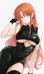 Rule 34 | 1girl, alternate costume, black dress, black gloves, black thighhighs, braid, breasts, dress, fingerless gloves, gloves, green eyes, highres, hong meiling, large breasts, long hair, looking at viewer, open mouth, red hair, sarukana, simple background, sleeveless, sleeveless dress, smile, solo, thighhighs, touhou, twin braids, underboob, white background