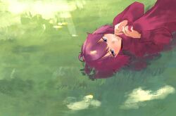 Rule 34 | 1girl, absurdres, ahoge, alternate costume, blue eyes, blush, commentary, day, eyelashes, finger to mouth, grass, hands up, highres, jeiijuu, long hair, long sleeves, looking at viewer, lying, monogatari (series), on back, on ground, outdoors, own hands together, parted lips, purple sweater, senjougahara hitagi, shadow, solo, sweater
