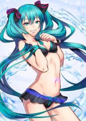 Rule 34 | 1girl, aqua eyes, aqua hair, bangle, bare arms, belly, bikini, black bikini, bracelet, breasts, cleavage, commentary, cowboy shot, floating hair, grin, hair between eyes, hair ribbon, hatsune miku, highres, holding, holding own hair, jewelry, lips, long hair, looking at viewer, medium breasts, navel, necktie, open mouth, ribbon, smile, solo, standing, stomach, sumino akasuke, swimsuit, teeth, twintails, vocaloid, water