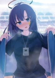 Rule 34 | 1girl, black shirt, blue archive, blue buruma, blue eyes, blue jacket, blurry, blurry background, blush, breasts, buruma, gym uniform, halo, highres, id card, jacket, kaine (gupisgood), long hair, looking at viewer, name tag, official alternate costume, open mouth, outdoors, ponytail, purple eyes, purple hair, shirt, short sleeves, smile, solo, star (symbol), star sticker, steaming body, sticker on face, sweat, upper body, yuuka (blue archive), yuuka (track) (blue archive)