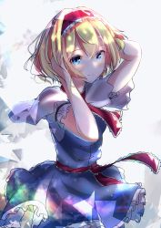 Rule 34 | 1girl, absurdres, alice margatroid, arms up, blonde hair, blue dress, blue eyes, blush, breasts, capelet, closed mouth, colored eyelashes, commentary request, cowboy shot, dress, hairband, hand in own hair, highres, lens flare, looking at viewer, overexposure, petticoat, puffy short sleeves, puffy sleeves, red neckwear, red ribbon, rei (farta litia), ribbon, short hair, short sleeves, small breasts, smile, solo, standing, touhou