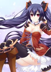 Rule 34 | 1girl, alternate costume, binato lulu, black hair, boots, breasts, choujigen game neptune, cleavage, collar, collarbone, commentary request, cosplay, detached sleeves, dress, gauntlets, granblue fantasy, hair between eyes, hair ribbon, hand on own thigh, hand rest, imai asami, looking at viewer, medium breasts, neptune (series), noire (neptunia), real life, red eyes, ribbon, sitting, smile, solo, strapless, strapless dress, thighhighs, twintails, vira (granblue fantasy), vira (granblue fantasy) (cosplay), voice actor connection
