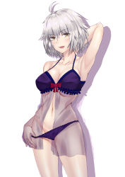 Rule 34 | 1girl, absurdres, ahoge, arm behind head, bra, breasts, brown eyes, collarbone, contrapposto, fate/grand order, fate (series), grey hair, groin, highres, jeanne d&#039;arc (fate), jeanne d&#039;arc alter (avenger) (fate), jeanne d&#039;arc alter (fate), large breasts, meng xi ds, navel, panties, panty pull, purple bra, purple panties, red ribbon, ribbon, see-through, shadow, solo, standing, tongue, tongue out, underwear