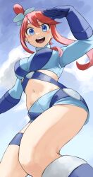 Rule 34 | 1girl, :d, absurdres, blue eyes, blue gloves, blue shirt, blue shorts, blue sky, breasts, cloud, creatures (company), crop top, cropped shirt, day, fengling (furin-jp), game freak, gloves, hair ornament, highres, long sleeves, medium breasts, midriff, navel, nintendo, open mouth, outdoors, pokemon, pokemon bw, red hair, shirt, short hair with long locks, shorts, sky, skyla (pokemon), smile, solo