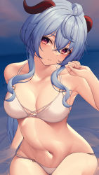 Rule 34 | 1girl, ahoge, alternate costume, arm support, armpits, bare arms, bare shoulders, bikini, blue hair, breasts, cleavage, commentary request, cross-laced clothes, crossed bangs, ganyu (genshin impact), genshin impact, goat horns, hair between eyes, halterneck, hand up, head tilt, highres, horns, long hair, looking at viewer, medium breasts, navel, o-ring, o-ring bikini, parted lips, partial commentary, ponytail, purple eyes, shallow water, shirafuji ene, sidelocks, sitting, sitting on water, solo, stomach, swimsuit, thighs, water, wet, wet hair, white bikini