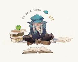 Rule 34 | 1boy, apple, aso54100857, black pants, blue coat, blue headwear, book, book stack, boots, brown footwear, coat, covered mouth, cross-laced footwear, english text, food, fruit, grey hair, hand on own chin, hand up, highres, hunter x hunter, indian style, kite (hunter x hunter), knee boots, lace-up boots, long hair, long sleeves, looking away, looking down, male focus, open book, pants, pants tucked in, paper, reading, shirt, simple background, sitting, solo, stroking own chin, thinking, white shirt