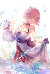 Rule 34 | 1girl, absurdres, bare shoulders, blush, breasts, cleavage, collarbone, creature, detached collar, dress, fate/grand order, fate (series), flower, fou (fate), gloves, hair flower, hair ornament, hair over one eye, highres, light purple hair, long hair, looking at viewer, mash kyrielight, mash kyrielight (fgo x takarazuka kinen), medium breasts, official alternate costume, open mouth, purple eyes, purple gloves, saitogiulio, sash, short hair, simple background, splashing, wading, water, white dress