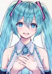 Rule 34 | 1girl, :d, black sleeves, blue eyes, blue hair, blue necktie, blush, collared shirt, detached sleeves, frilled shirt, frills, hair between eyes, hand over heart, hands on own chest, hatsune miku, highres, long hair, looking at viewer, nagi naruki, nail polish, necktie, open mouth, pink nails, shirt, simple background, sleeveless, sleeveless shirt, smile, solo, twintails, upper body, very long hair, vocaloid, white background, white shirt, wing collar