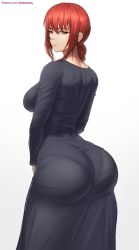 Rule 34 | 1girl, arched back, ass, black dress, braid, breasts, chainsaw man, closed mouth, dress, from behind, highres, light smile, long sleeves, looking at viewer, looking back, makima (chainsaw man), pantylines, patreon username, red hair, see-through, see-through dress, sidelocks, simple background, single braid, smile, solo, superbusty, white background, yellow eyes