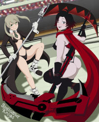 2girls absurdres ass bikini blonde_hair boots breasts cape coat coat_on_shoulders crossover fingerless_gloves gloves green_eyes grey_eyes highres large_breasts looking_at_viewer looking_back maka_albarn micro_bikini multicolored_hair multiple_girls navel one_eye_closed pale_skin partially_undressed revealing_clothes ruby_rose rwby scythe short_hair sideboob small_breasts smile soul_eater spellcaster_knight stadium standing standing_on_one_leg swimsuit thong twintails weapon weapon_on_back wink