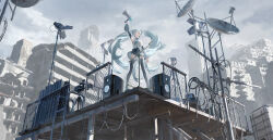 Rule 34 | 1girl, absurdres, antennae, aqua hair, aqua necktie, arm up, ata-zhubo, black skirt, black thighhighs, boots, building, camera, chain-link fence, cloud, cloudy sky, commentary request, detached sleeves, fence, full body, hatsune miku, highres, holding, holding megaphone, impasto, long hair, megaphone, necktie, outdoors, pleated skirt, scenery, shirt, skirt, sky, sleeveless, sleeveless shirt, solo, speaker, stage lights, standing, thigh boots, thighhighs, twintails, very long hair, vocaloid, white shirt, zettai ryouiki