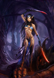 Rule 34 | armor, breasts, cave, dark elf, dual wielding, earrings, elf, fantasy, heroes of might and magic, heroes of might and magic v, holding, homm, jewelry, ketka, might and magic, pointy ears, scimitar, small breasts, sword, tattoo, underboob, weapon