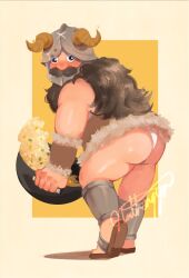 Rule 34 | 1boy, ass, bara, beard, blush, dungeon meshi, dwarf, facial hair, fake horns, fat, fat man, flipping food, food, full body, helmet, highres, horned helmet, horns, long beard, looking at viewer, looking to the side, male focus, mustache, nathengyn, senshi (dungeon meshi), solo, sparkling eyes, thick mustache, thighs, tiptoes, two-tone background, very long beard