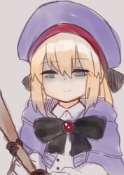 Rule 34 | 1girl, artoria caster (fate), artoria pendragon (fate), black bow, black gloves, blue cloak, blue hat, bow, cloak, closed mouth, collared shirt, fate/grand order, fate (series), gloves, green eyes, grey background, hair between eyes, hat, highres, holding, hood, hood down, hooded cloak, i.u.y, long sleeves, shaded face, shirt, simple background, smile, solo, upper body, white shirt