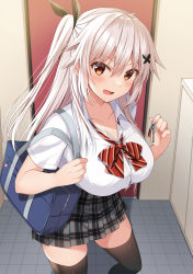 Rule 34 | 1girl, bag, black ribbon, black thighhighs, bow, breasts, butterfly hair ornament, cleavage, collarbone, collared shirt, commentary request, diagonal-striped bow, door, dress shirt, etna (kuzuyu), grey skirt, hair between eyes, hair ornament, hair ribbon, highres, holding, holding key, indoors, key, komori kuzuyu, large breasts, long hair, one side up, original, plaid, plaid skirt, pleated skirt, red bow, red eyes, ribbon, school bag, school uniform, shirt, skirt, solo, striped, striped bow, thighhighs, tile floor, tiles, very long hair, white hair, white shirt