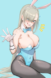Rule 34 | animal ears, aqua background, asuna (blue archive), asuna (bunny) (blue archive), bare shoulders, blue archive, blue leotard, bow, bowtie, breasts, covered navel, detached collar, fake animal ears, gloves, hair over one eye, highleg, highleg leotard, large breasts, leotard, light brown hair, mole, mole on breast, neckwear between breasts, pantyhose, playboy bunny, rabbit ears, simple background, skindentation, solo, strapless, strapless leotard, suruga kreuz, traditional bowtie, white gloves