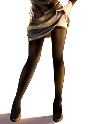 Rule 34 | 1girl, black thighhighs, clothes lift, contrapposto, hands on own hips, high heels, highres, legs, lower body, mori yashiro (konkon oyashiro), original, out of frame, pencil skirt, shadow, shoes, simple background, skirt, skirt lift, solo, standing, thighhighs, waist down, white background