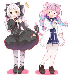 Rule 34 | 2girls, ahoge, alternate costume, animal ear fluff, animal ears, bare shoulders, black dress, black footwear, black tail, blue sailor collar, blush, bow, casual, cat ears, cat tail, choker, commentary request, criss-cross halter, detached sleeves, dress, extra ears, fang, frilled choker, frills, full body, gothic lolita, halter dress, halterneck, highres, hololive, intertwined tails, lolita fashion, long hair, medium hair, minato aqua, minato aqua (sailor), multiple girls, murasaki shion, murasaki shion (gothic lolita), open mouth, pantyhose, pink tail, purple eyes, sailor collar, silver hair, simple background, smug, surprised, tail, tail bow, tail ornament, tonton (tonz159), twintails, virtual youtuber, white background, yellow eyes