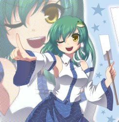 Rule 34 | &gt;:d, 1girl, :d, armpits, bad id, bad pixiv id, detached sleeves, female focus, green hair, jpeg artifacts, kochiya sanae, miruki, one eye closed, open mouth, outstretched arm, pointing, smile, solo, touhou, v-shaped eyebrows, wink, yellow eyes, zoom layer