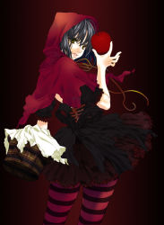 Rule 34 | 1girl, apple, bad id, bad pixiv id, basket, bell (artist), black hair, blue hair, brown eyes, cape, food, fruit, grimm&#039;s fairy tales, holding, holding food, holding fruit, hood, little red riding hood, little red riding hood (grimm), patterned legwear, red cape, rin kyoutarou, solo, striped clothes, striped thighhighs, thighhighs, two-tone stripes