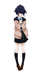 Rule 34 | 1girl, 22/7, black necktie, black skirt, black socks, blue shirt, brown jacket, clenched hands, collared shirt, facing viewer, frown, hair over eyes, hands on own chest, highres, hood, hooded jacket, horiguchi yukiko, jacket, long bangs, necktie, official art, pleated skirt, shirt, simple background, skirt, socks, solo, tachi-e, takigawa miu, transparent background, two-sided fabric, two-sided jacket