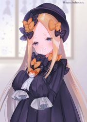 Rule 34 | 1girl, abigail williams (fate), black bow, black dress, black hat, blonde hair, blue eyes, blush, bow, breasts, closed mouth, dress, fate/grand order, fate (series), forehead, hair bow, hat, long hair, looking at viewer, multiple hair bows, orange bow, parted bangs, polka dot, polka dot bow, ribbed dress, sleeves past fingers, sleeves past wrists, small breasts, smile, solo, suzuho hotaru