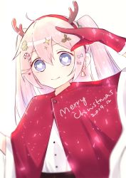 Rule 34 | angelic buster, animal ears, blue eyes, christmas, deer ears, gloves, hair ornament, heart, heart-shaped pupils, maplestory, pink hair, red gloves, simmm, simple background, smile, solo, symbol-shaped pupils, two side up