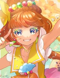 Rule 34 | 1girl, armpits, blue eyes, brown hair, choker, collarbone, colored eyelashes, cure papaya, earrings, fingerless gloves, gloves, grin, hair ornament, highres, index finger raised, jewelry, long hair, looking at viewer, makeup, mascara, mismatched eyelashes, n-bata, precure, sailor collar, sleeveless, smile, solo, tropical-rouge! precure, upper body, yellow choker, yellow gloves, yellow sailor collar