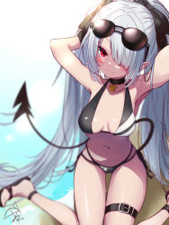 Rule 34 | 1girl, amagasa nadame, armpits, arms behind head, arms up, bare shoulders, bikini, black bikini, black bow, black footwear, blue archive, blurry, blurry background, blush, bow, breasts, closed mouth, commentary request, depth of field, grey hair, hair bow, hair over one eye, highres, iori (blue archive), iori (swimsuit) (blue archive), long hair, looking at viewer, medium breasts, multi-strapped bikini bottom, navel, pointy ears, red eyes, sandals, sitting, solo, star (symbol), sunglasses, swimsuit, tail, twintails, very long hair, wariza
