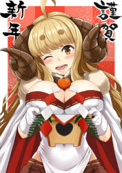 Rule 34 | 1girl, ahoge, anila (granblue fantasy), blush, breast rest, breasts, cleavage, covered navel, draph, food, food on body, food on breasts, fruit, fur trim, gloves, granblue fantasy, head tilt, horns, kosuke (bb), large breasts, looking at viewer, mandarin orange, new year, one eye closed, open mouth, oppai mochi, sheep horns, short eyebrows, solo, thick eyebrows, white gloves