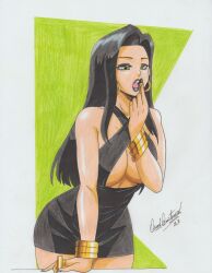 Rule 34 | 1girl, 2023, artist name, bare arms, bare shoulders, black dress, black hair, black lips, bracelet, breasts, commission, dress, earrings, female focus, green eyes, highres, jewelry, large breasts, lips, lipstick, long hair, makeup, mature female, open mouth, original, ravernclouk design, short dress, simple background, solo, teeth, thighs, traditional media, underboob, upper teeth only