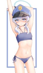 Rule 34 | 1girl, absurdres, arms up, bikini, blue archive, blue bikini, blue eyes, blue halo, blue hat, blush, closed mouth, cowboy shot, fang, flat chest, grey hair, halo, hat, highres, long hair, navel, peaked cap, ricke 2002, side-tie bikini bottom, skin fang, solo, swimsuit, valkyrie police academy student (blue archive)