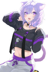 Rule 34 | 1girl, absurdres, ahoge, animal ear fluff, animal ears, black collar, black hoodie, blush, breasts, cat ears, cat girl, cat tail, collar, crop top, crop top overhang, fang, feet out of frame, hair between eyes, highres, hololive, hood, hoodie, icehotmilktea, light, light purple hair, long sleeves, looking at viewer, medium breasts, midriff, navel, nekomata okayu, nekomata okayu (1st costume), open mouth, pants, purple eyes, short hair, simple background, sitting, smile, solo, sweatpants, tail, tongue, tongue out, virtual youtuber, white background, white pants