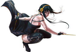Rule 34 | 1girl, bare arms, black dress, black footwear, black gloves, black hair, boots, closed mouth, dress, dual wielding, fingerless gloves, floating hair, flower, full body, gillix, gloves, hair flower, hair ornament, hairband, high heel boots, high heels, highres, holding, holding weapon, looking at viewer, red eyes, short hair with long locks, sidelocks, simple background, sleeveless, sleeveless dress, solo, spy x family, squatting, thigh boots, weapon, white background, yellow flower, yellow hairband, yor briar