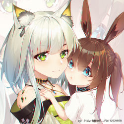 Rule 34 | 2girls, aged down, amiya (arknights), animal ear fluff, animal ears, arknights, bare shoulders, black choker, blouse, blue eyes, brown hair, chinese commentary, choker, commentary request, ge zhong kuaile, green eyes, infection monitor (arknights), kal&#039;tsit (arknights), long hair, looking at viewer, material growth, multiple girls, oripathy lesion (arknights), rabbit ears, shirt, short sleeves, silver hair, smile, upper body, white shirt, zoom layer