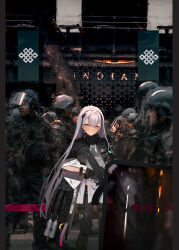 1girl 6+boys ak-alfa ak-alfa_(girls&#039;_frontline) assault_rifle ballistic_shield banner black_gloves feet_out_of_frame girls&#039;_frontline gloves gun hairband helmet holding holding_gun holding_weapon jacket long_hair long_sleeves looking_at_viewer multiple_boys rifle shield solo_focus soukou_makura very_long_hair weapon white_hair yellow_eyes