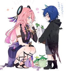 1boy 1girl aged_down animal_ear_fluff animal_ears aranara_(genshin_impact) arm_markings arm_on_knee armlet artist_name basket bat_ears bat_wings black_bra black_feathers black_footwear black_gloves black_hood black_leotard black_shirt black_sleeves blue_eyes blue_hair blunt_tresses blush boots bra bracelet braid child citlali_(genshin_impact) cleavage_cutout clothing_cutout daikon detached_sleeves facial_mark feather_hair_ornament feathers floating_hair_ornament forehead_mark genshin_impact gladiator_sandals gloves gold gradient_feathers grandmother_and_grandson grey_shorts hair_ornament hair_rings hair_tubes holding holding_basket hooded_shirt jewelry leotard long_hair long_sleeves looking_at_another multicolored_hair necktie open_hand open_mouth ororon_(genshin_impact) pink_feathers pink_hair pink_nails pink_skirt purple_feathers purple_nails purple_necktie radish sandals satorigame see-through_clothes see-through_skirt shirt shorts single_sleeve skirt sleeveless_leotard squatting streaked_hair toeless_footwear torn_clothes torn_shirt torn_shorts translation_request triangle triangle_facial_mark twin_braids underwear wings