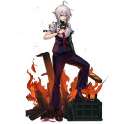 Rule 34 | 1girl, ahoge, baguette, boots, bread, collared shirt, dana zane, food, full body, girls&#039; frontline, infukun, looking at viewer, mechanical arms, necktie, official art, pants, parted lips, purple vest, red eyes, red necktie, shirt, short hair, sidelocks, single mechanical arm, solo, striped clothes, striped pants, torn clothes, torn shirt, transparent background, va-11 hall-a, vest, white hair, wristband