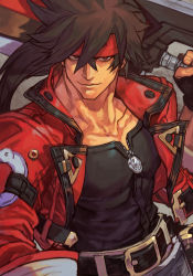 Rule 34 | 1boy, arc system works, belt, black shirt, blouse, brown eyes, brown hair, closed mouth, collarbone, fingerless gloves, gloves, guilty gear, guilty gear strive, hair between eyes, headband, holding, holding weapon, hungry clicker, jacket, looking at viewer, male focus, muscular, pectoral cleavage, pectorals, ponytail, red jacket, shirt, sol badguy, solo, sword, weapon