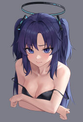 Rule 34 | 1girl, black camisole, blue archive, blush, breasts, camisole, cleavage, closed mouth, collarbone, grey background, halo, highres, large breasts, long hair, looking at viewer, ly 7317, mechanical halo, purple eyes, purple hair, simple background, solo, two side up, upper body, yuuka (blue archive)