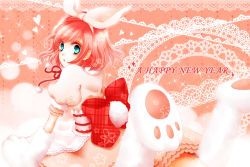 Rule 34 | 00s, 1girl, animal hands, bow, dress, estellise sidos heurassein, gloves, green eyes, hair ribbon, hairband, heart, lace, looking back, lying, new year, paw gloves, pink hair, rabbit tail, ribbon, royal 7, short hair, solo, tail, tales of (series), tales of vesperia