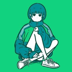 Rule 34 | 1girl, aqua hair, black eyes, blunt bangs, coat, flat color, green background, green theme, highres, knees up, miyoshi yoshimi, no mouth, original, shadow, shoes, short hair, simple background, sitting, sleeves past wrists, solo, watch, white footwear, wristwatch