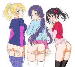 Rule 34 | 10s, 3girls, ass, ayase eli, black hair, blonde hair, blue eyes, blush, bottomless, clothes pull, frown, green eyes, hair ornament, hair scrunchie, long hair, love live!, love live! school idol festival, love live! school idol project, md5 mismatch, multiple girls, no pants, open mouth, panties, pants, pants pull, panty pull, ponytail, purple hair, red eyes, scrunchie, shirt, sin-go, t-shirt, thighhighs, tojo nozomi, track pants, twintails, underwear, white panties, yazawa nico